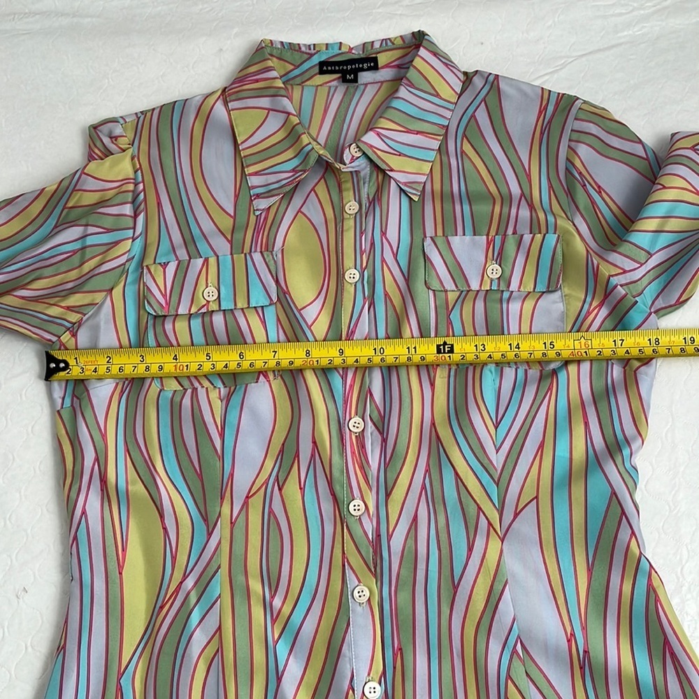 Anthropologie multicolor silk retro pastel patterned shirt dress M - Picture 6 of 11